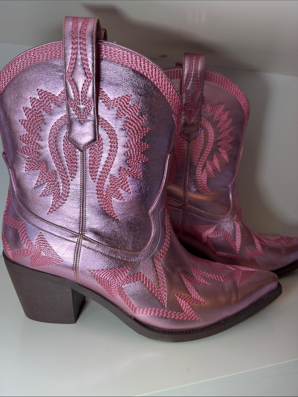 Metallic Pink Western Ankle Boots - Women's Cowboy Style
